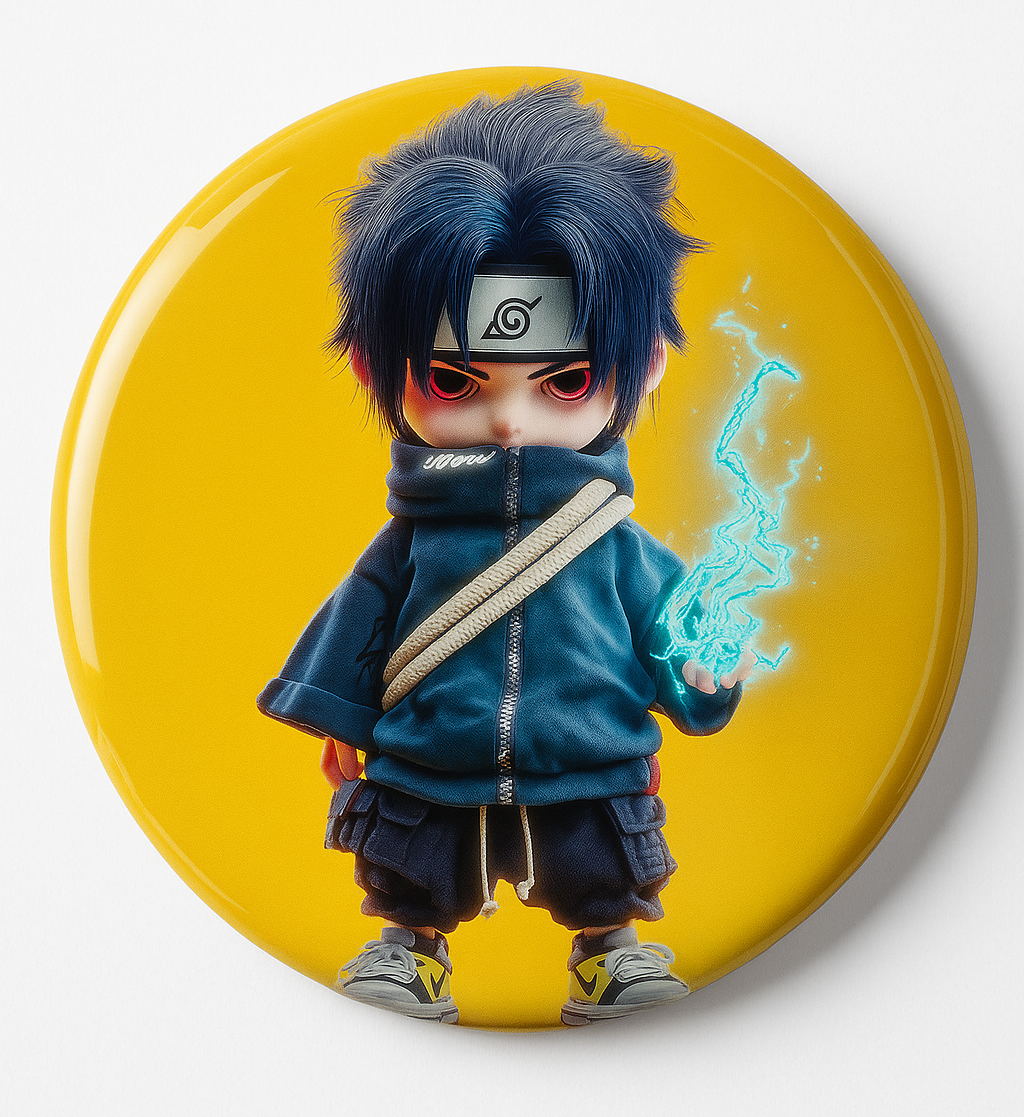Premium Metal Round Fridge Magnet – Chibi Sasuke Uchiha Lightning Edition | Size 58mm
