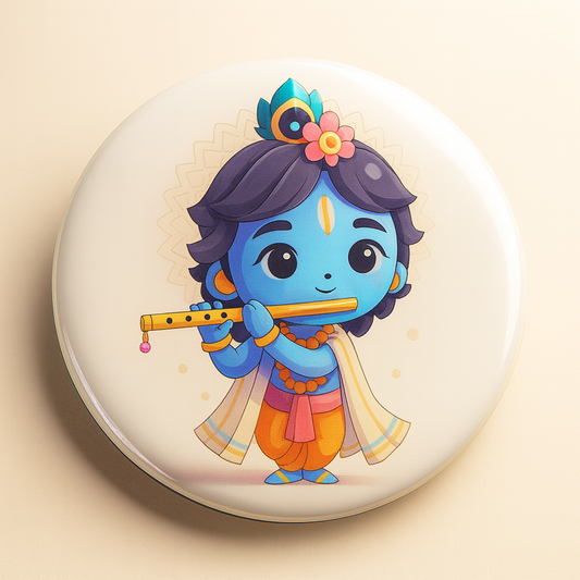 Cute Krishna Cartoon Badge | Glossy Round Fridge Magnet